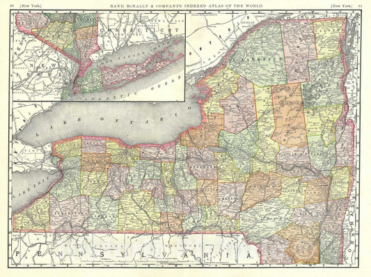 Historic Map : New York, Rand McNally, 1888, Vintage Wall Art