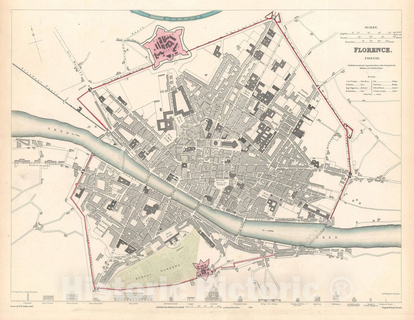 Historic Map : Plan of Florence "Firenze", Italy, S.D.U.K., 1835, Vintage Wall Art