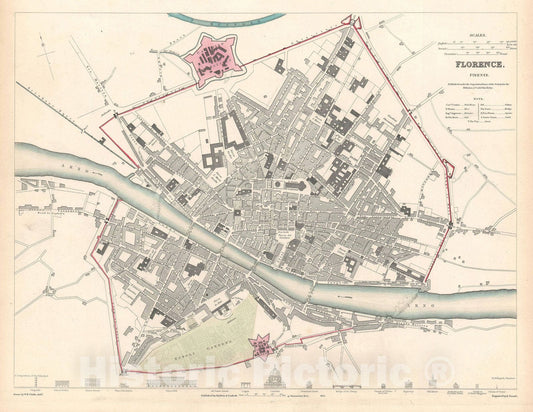 Historic Map : Plan of Florence "Firenze", Italy, S.D.U.K., 1835, Vintage Wall Art
