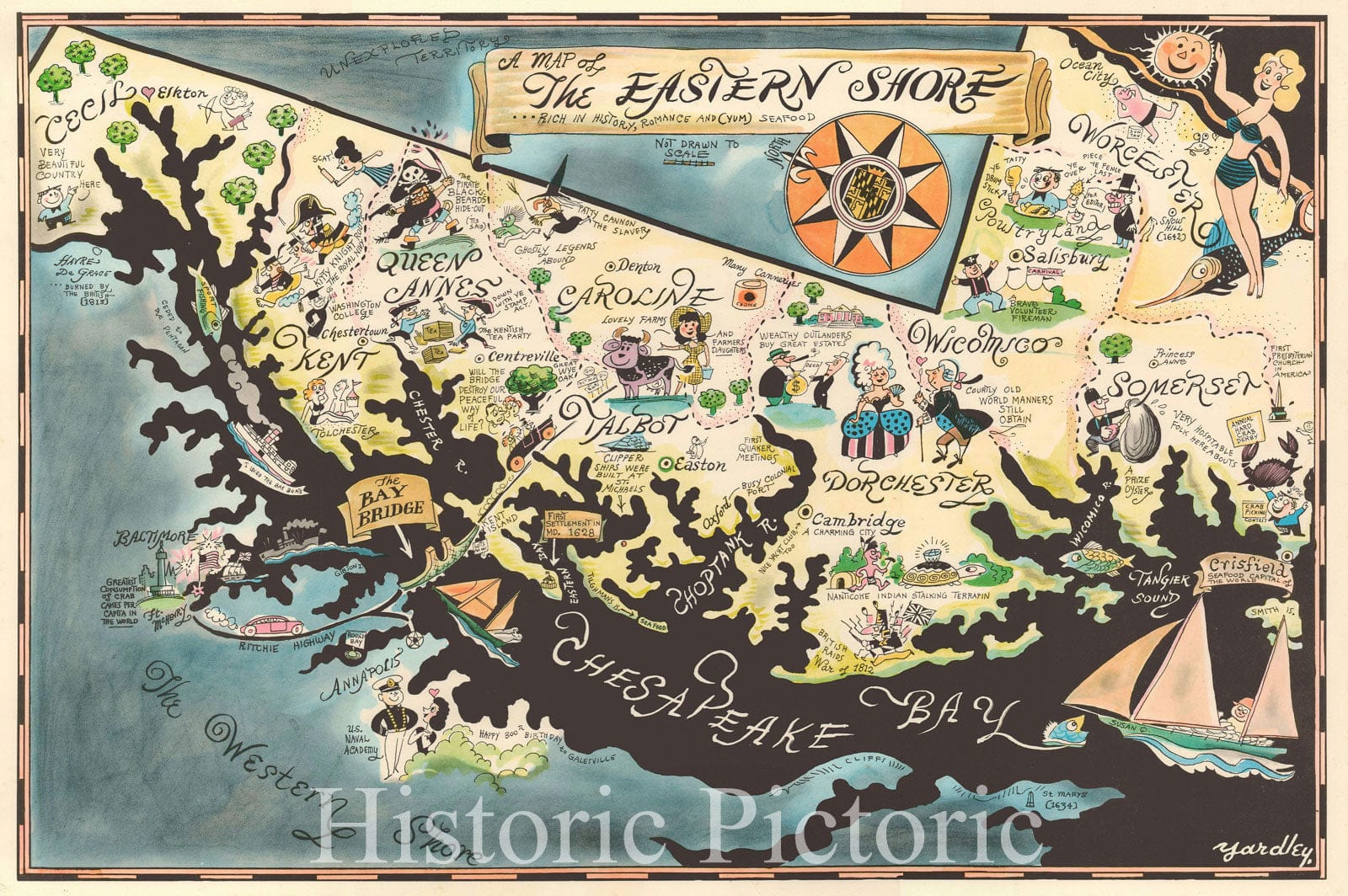 Historic Map : Pictorial Map of The Chesapeake Bay "Maryland", Yardley, 1952, Vintage Wall Art