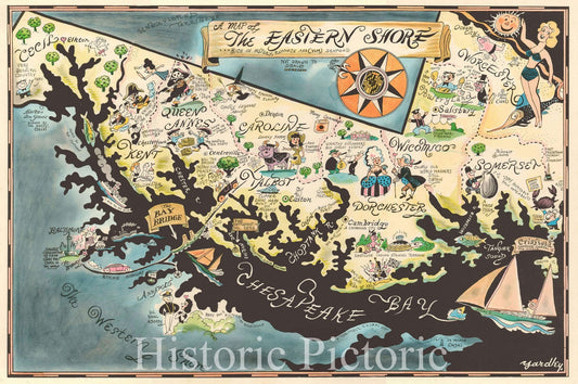 Historic Map : Pictorial Map of The Chesapeake Bay "Maryland", Yardley, 1952, Vintage Wall Art