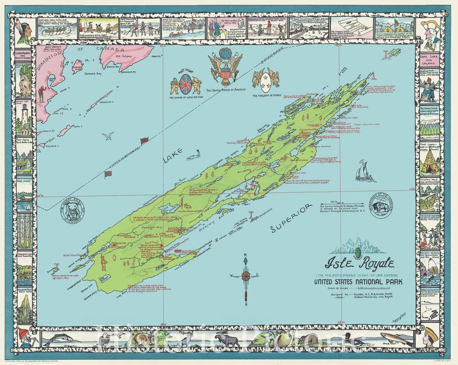 Historic Map : Krause Pictorial Map of Isle Royale National Park, Michigan, 1939, Vintage Wall Art