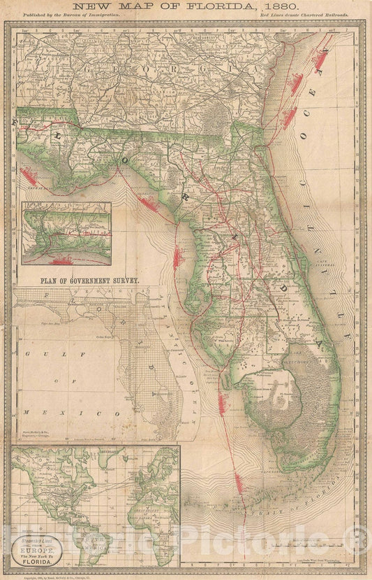 Historic Map : Bureau of Immigration Map of Florida w/transport lines, 1881, Vintage Wall Art