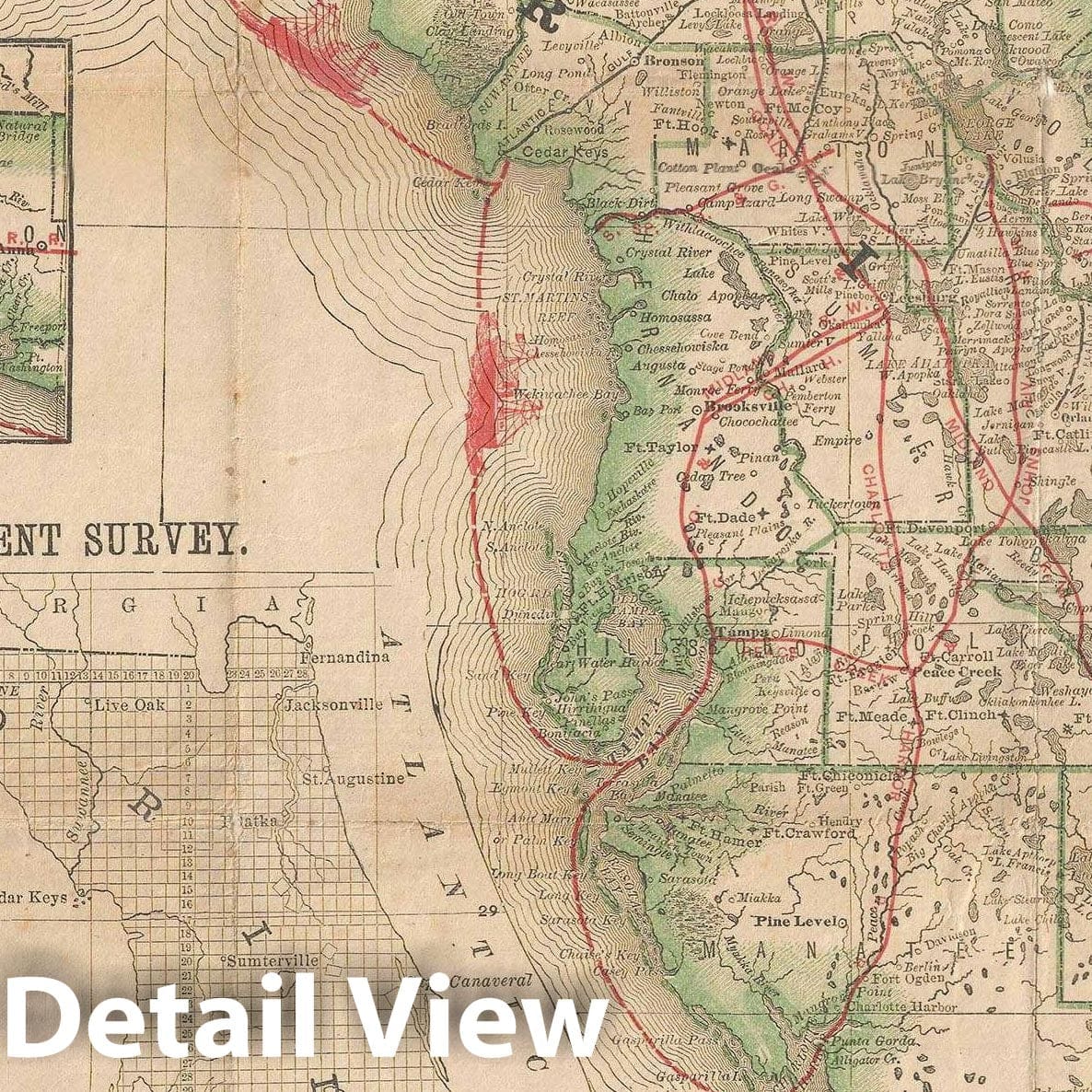 Historic Map : Bureau of Immigration Map of Florida w/transport lines, 1881, Vintage Wall Art