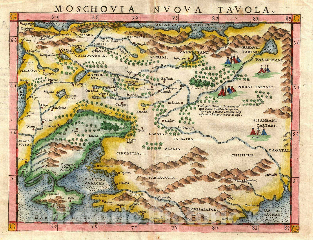 Historic Map : Ruscelli Map of Russia (Muscovy) and Ukraine, 1574, Vintage Wall Art