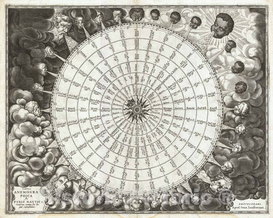 Historic Map : Jansson Wind Rose, Anemographic Chart, or Map of The Winds , 1650, Vintage Wall Art