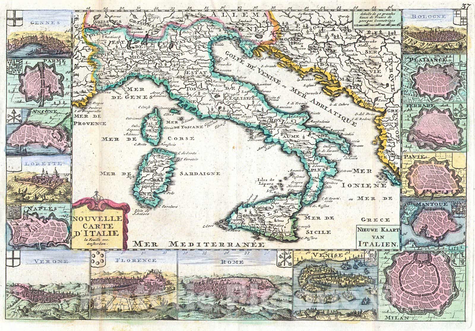 Historic Map : de la Feuille Map of Italy, 1706, Vintage Wall Art