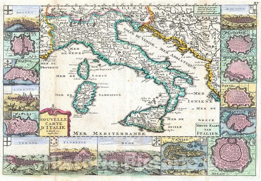 Historic Map : de la Feuille Map of Italy, 1706, Vintage Wall Art