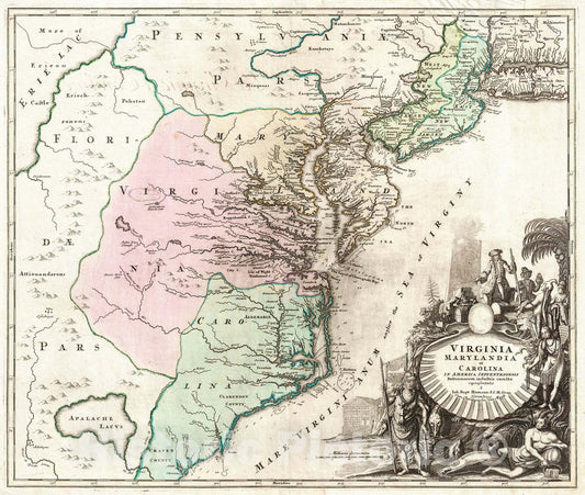 Historic Map : Homann Map of Carolina, Virginia, Maryland and New Jersey , 1715, Vintage Wall Art