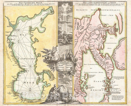 Historic Map : Homann Map of The Caspian Sea and Kamchatka (as Yedso) , 1725, Vintage Wall Art