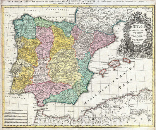 Historic Map : Homann Map of Spain and Portugal , 1730, Vintage Wall Art