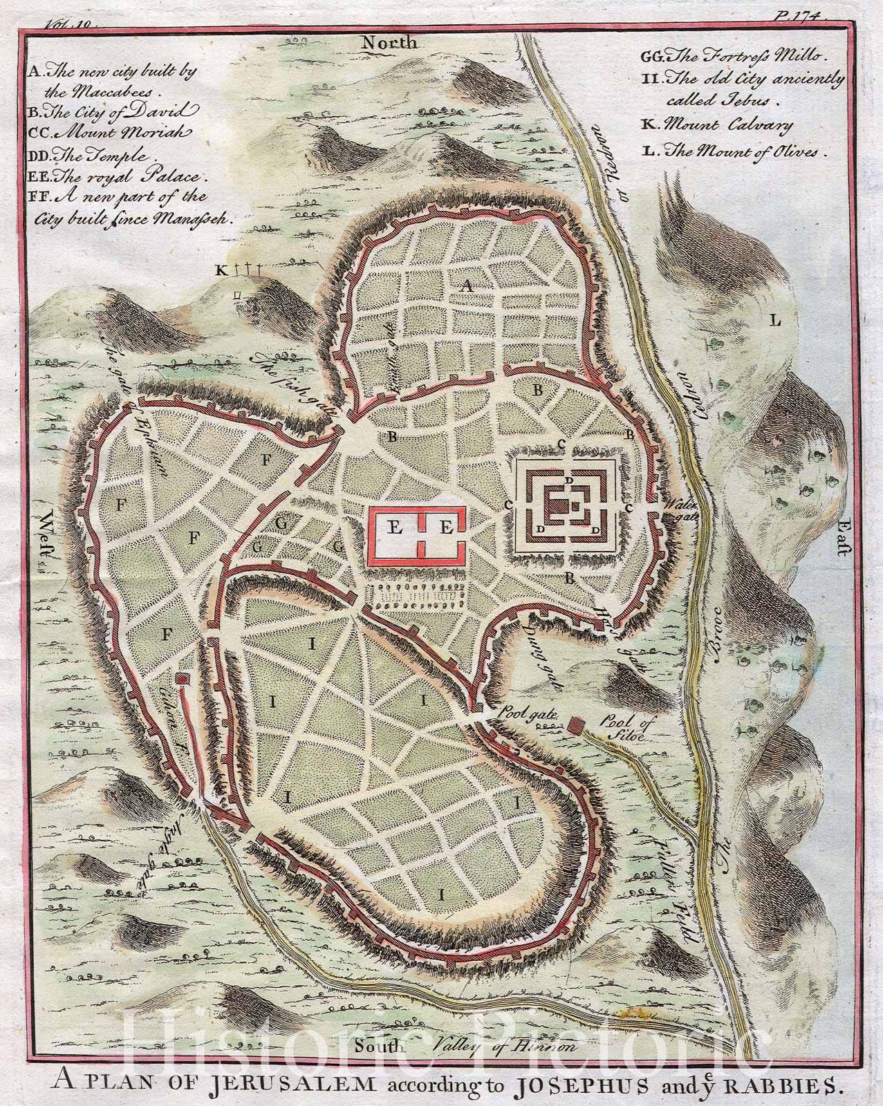 Historic Map : Street Map or Plan of Jerusalem, 1730, Vintage Wall Art