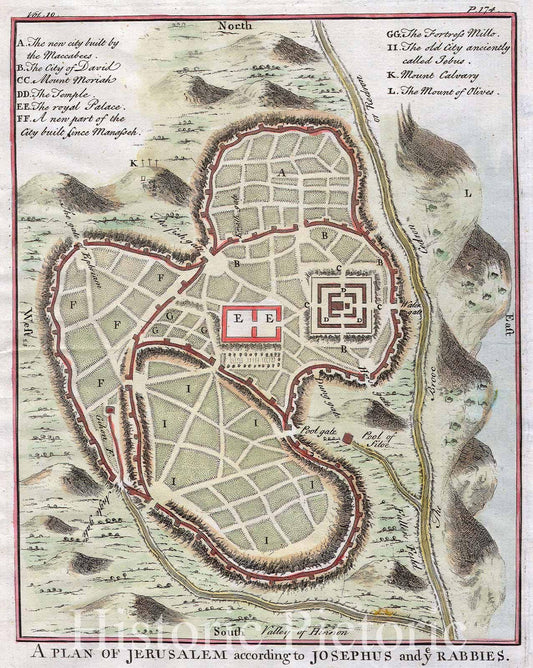 Historic Map : Street Map or Plan of Jerusalem, 1730, Vintage Wall Art