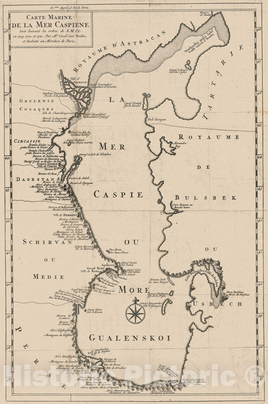 Historic Map : Van Verden Map of The Caspian Sea, 1730, Vintage Wall Art