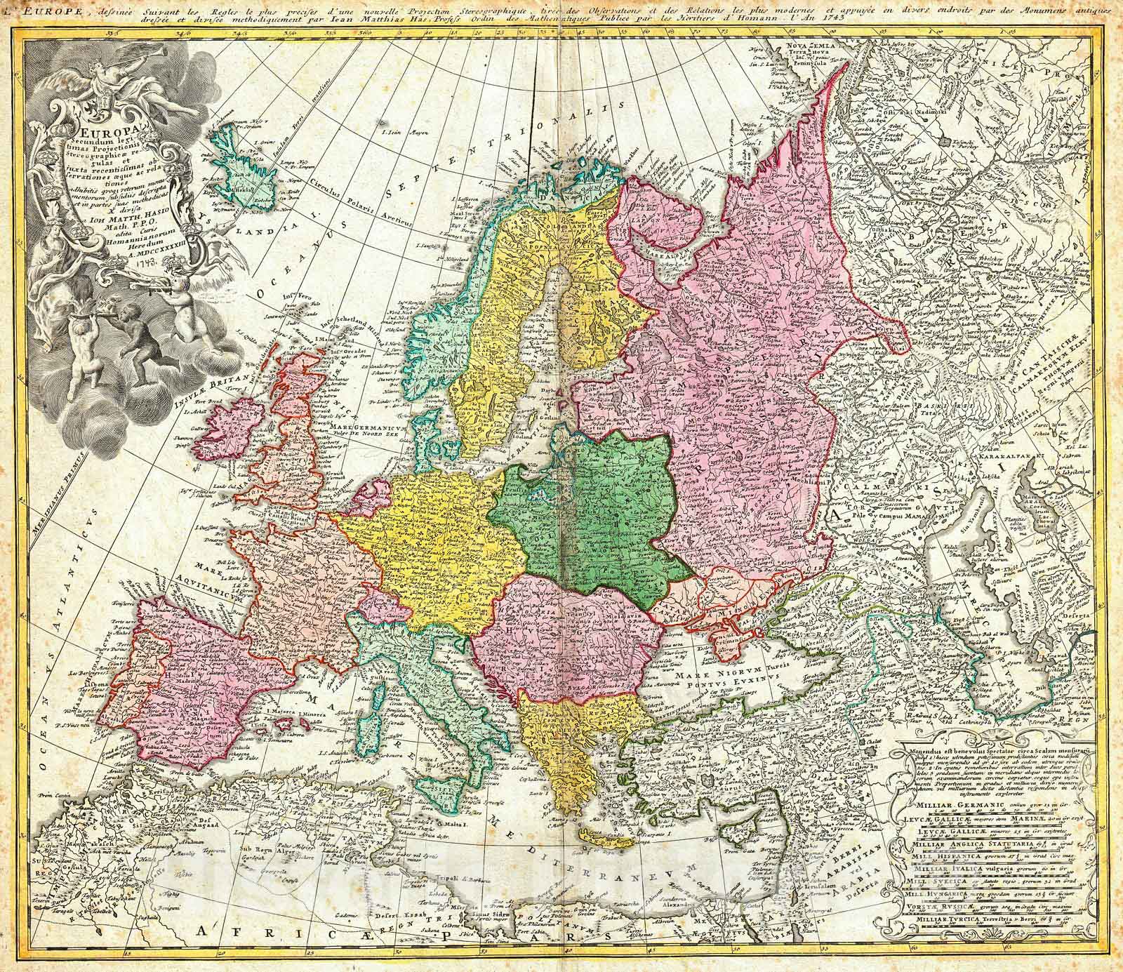Historic Map : Homann Heirs, Haas Map of Europe , 1743, Vintage Wall Art