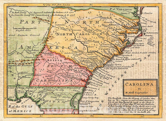 Historic Map : Herman Moll Map of Carolina, 1746, Vintage Wall Art