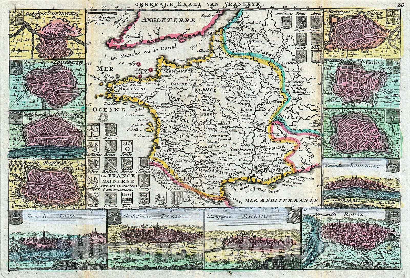 Historic Map : La Feuille Map of France, 1747, Vintage Wall Art