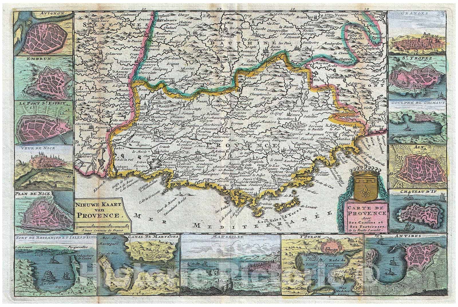 Historic Map : La Feuille Map of Provence, France, 1747, Vintage Wall Art