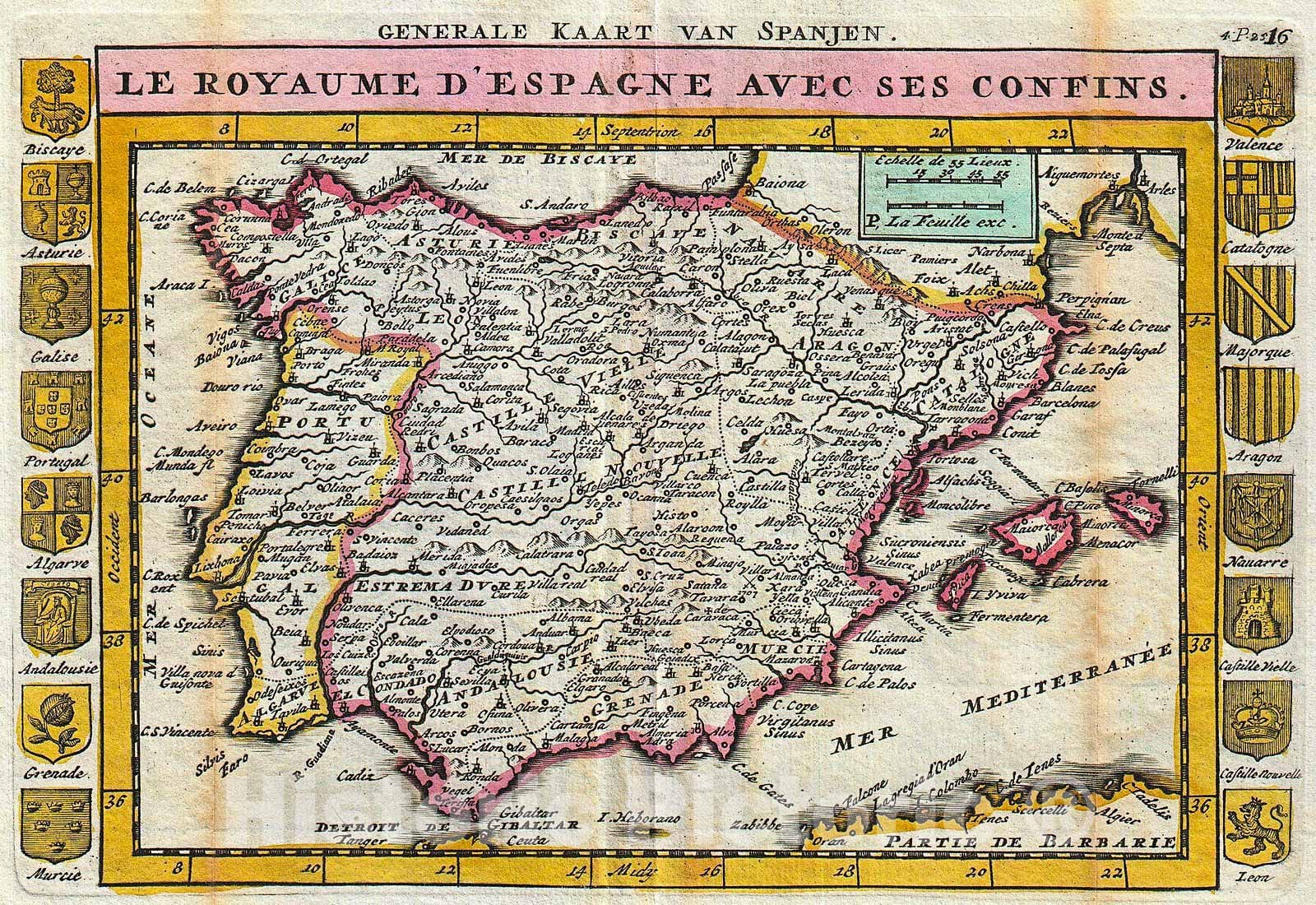 Historic Map : La Feuille Map of Spain and Portugal, 1747, Vintage Wall Art