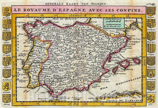 Historic Map : La Feuille Map of Spain and Portugal, 1747, Vintage Wall Art