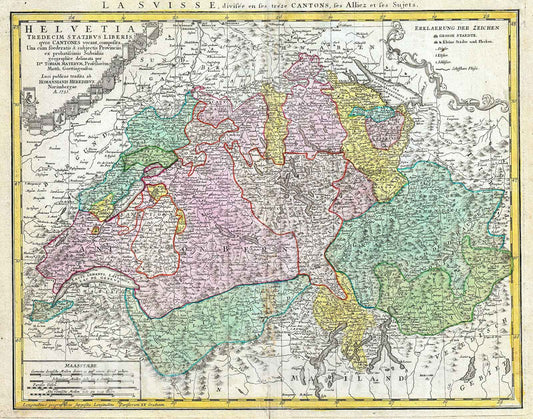 Historic Map : Homann Heirs Map of Switzerland, 1752, Vintage Wall Art