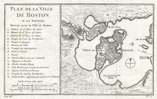 Historic Map : Bellin Map of Boston, Massachusetts, 1756, Vintage Wall Art