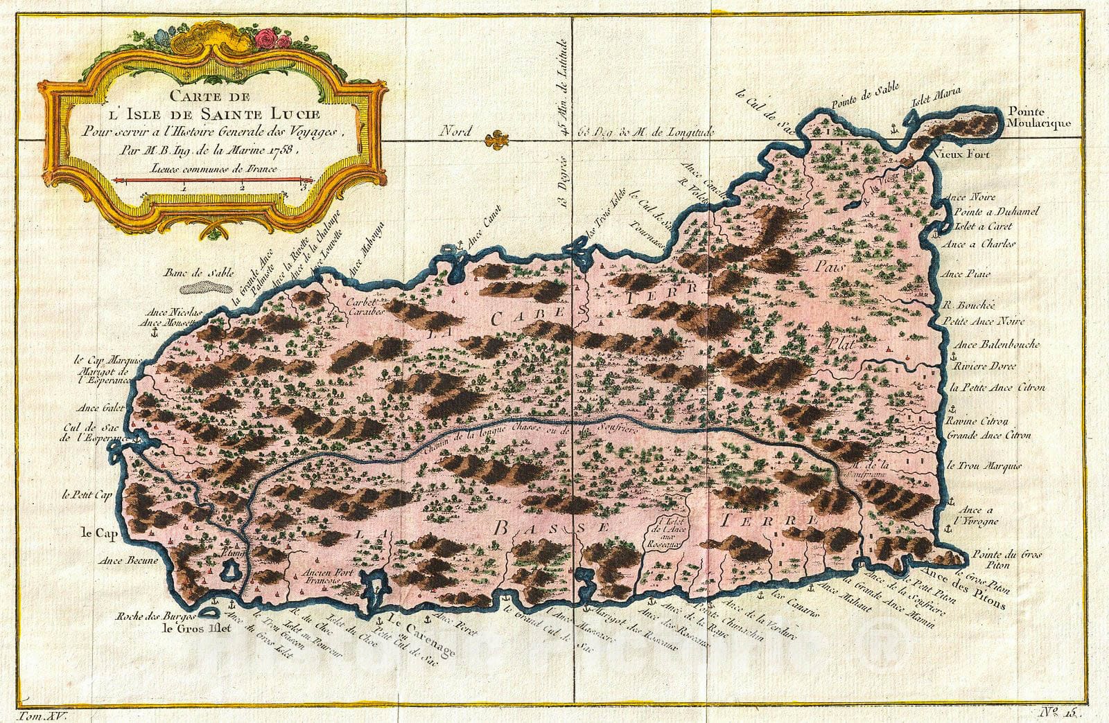 Historic Map : Bellin Map of Saint Lucia (Sainte Lucie), West Indies, 1758, Vintage Wall Art