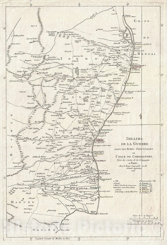 Historic Map : La Rouge Map of Eastern India or Coromandel (Madras and Pondicherry), 1759, Vintage Wall Art
