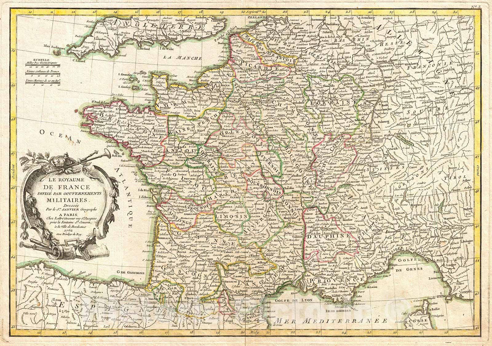 Historic Map : Janvier Map of France, 1762, Vintage Wall Art