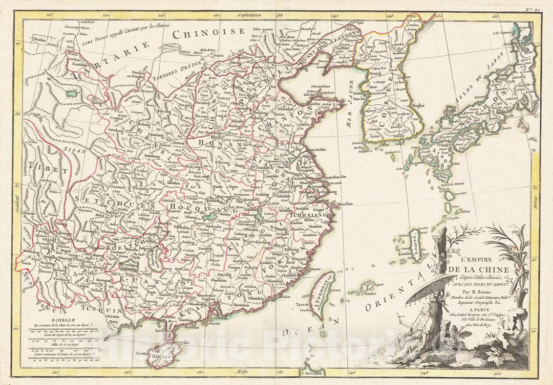 Historic Map : Bonne Map of China, Korea, Japan and Formosa, 1770, Vintage Wall Art