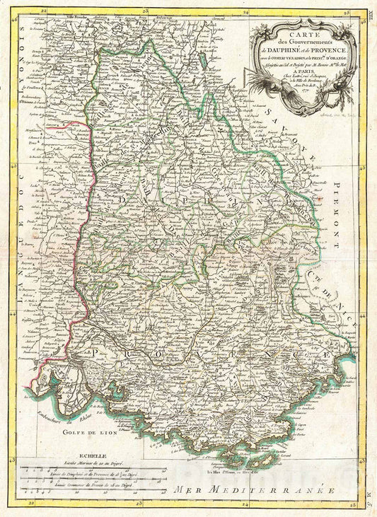 Historic Map : Bonne Map of Dauphine and Provence, France, 1771, Vintage Wall Art