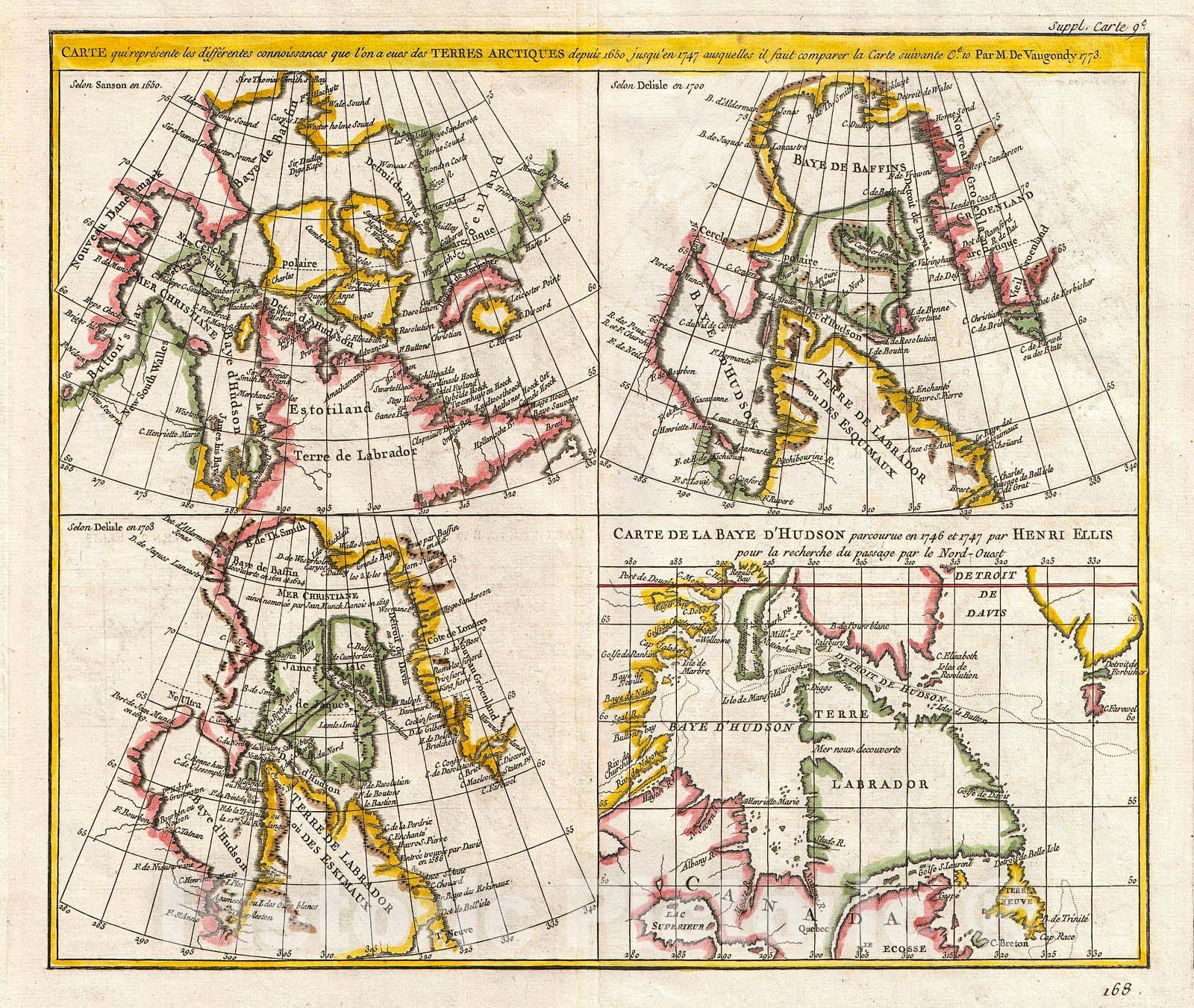 Historic Map : Vaugondy, Diderot Map of The Hudson Bay and The Arctic , 1772, Vintage Wall Art