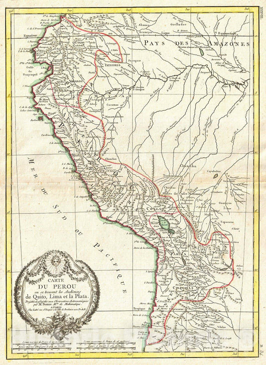 Historic Map : Bonne Map of Peru, Ecuador, Bolivia, and The Western Amazon , 1775, Vintage Wall Art