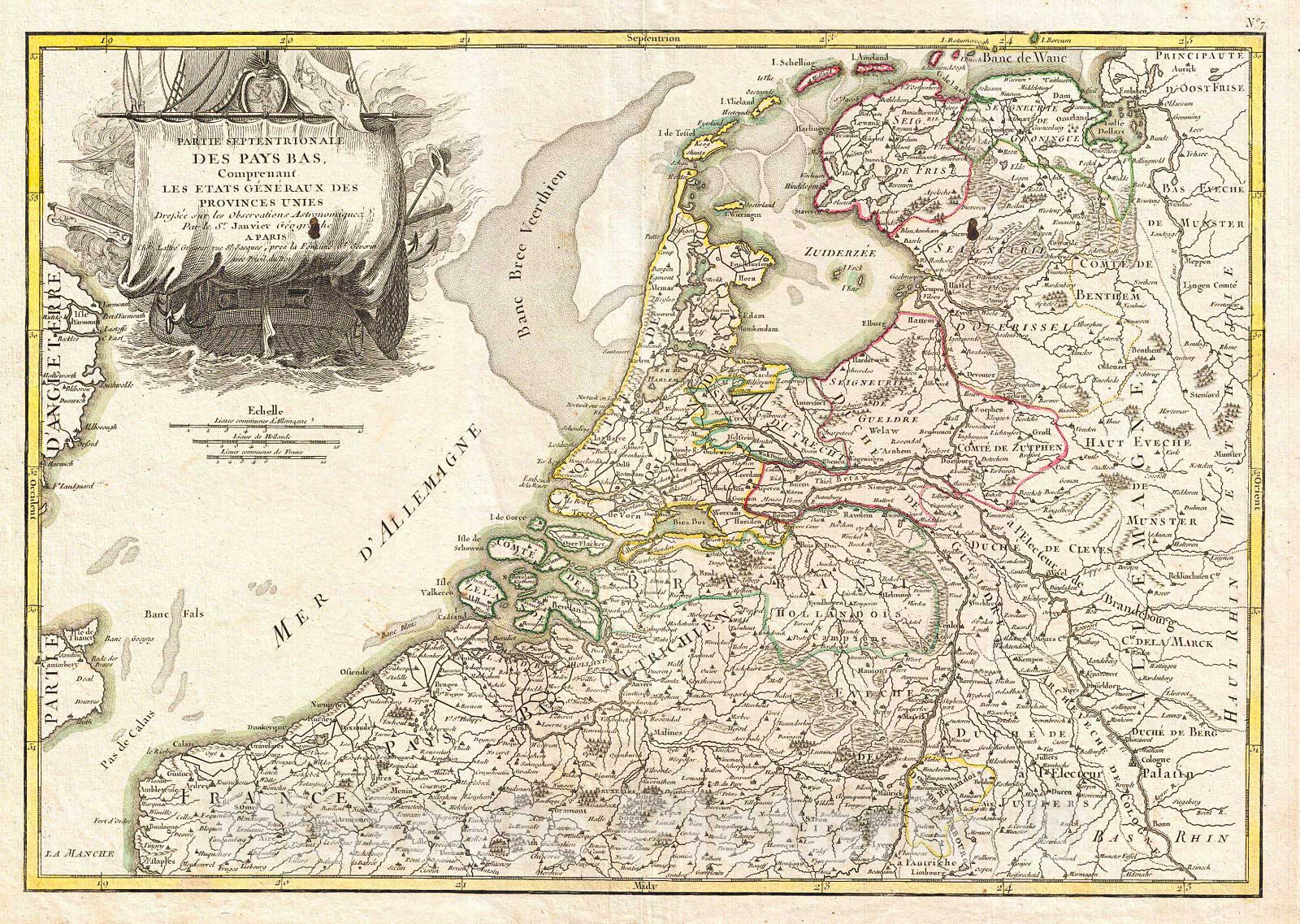 Historic Map : Janvier Map of Holland and Belgium, 1775, Vintage Wall Art