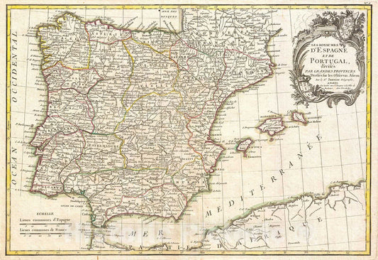 Historic Map : Janvier Map of Spain and Portugal, 1775, Vintage Wall Art