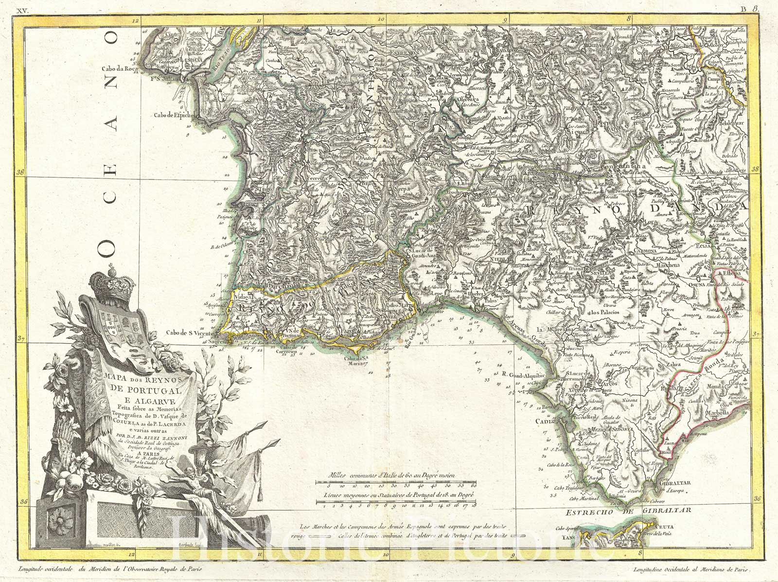 Historic Map : Zannoni Map of Southern Portugal, The Algarve, and Seville, 1775, Vintage Wall Art