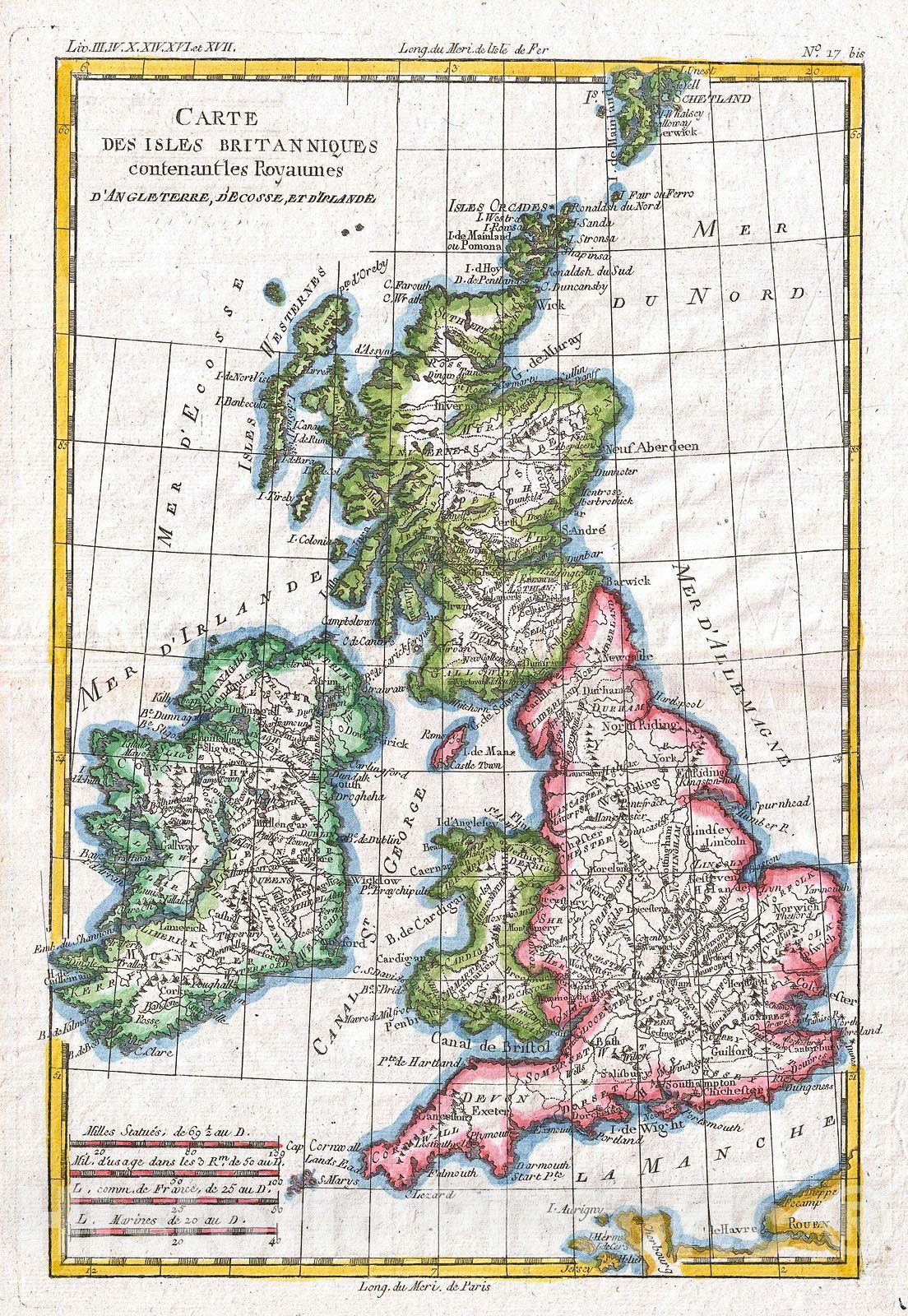 Historic Map : Raynal and Bonne Map of British Isles, 1780, Vintage Wall Art