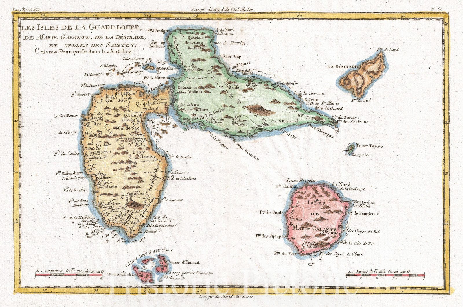 Historic Map : Raynal and Bonne Map of Guadeloupe, West Indies, 1780, Vintage Wall Art