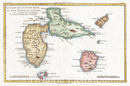 Historic Map : Raynal and Bonne Map of Guadeloupe, West Indies, 1780, Vintage Wall Art