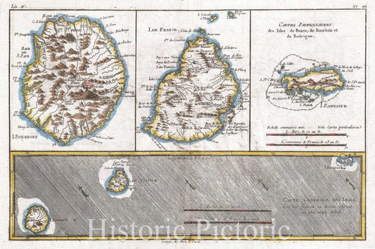 Historic Map : Raynal and Bonne Map of Mascarene Islands, Reunion, Mauritius, Bourbon, 1780, Vintage Wall Art