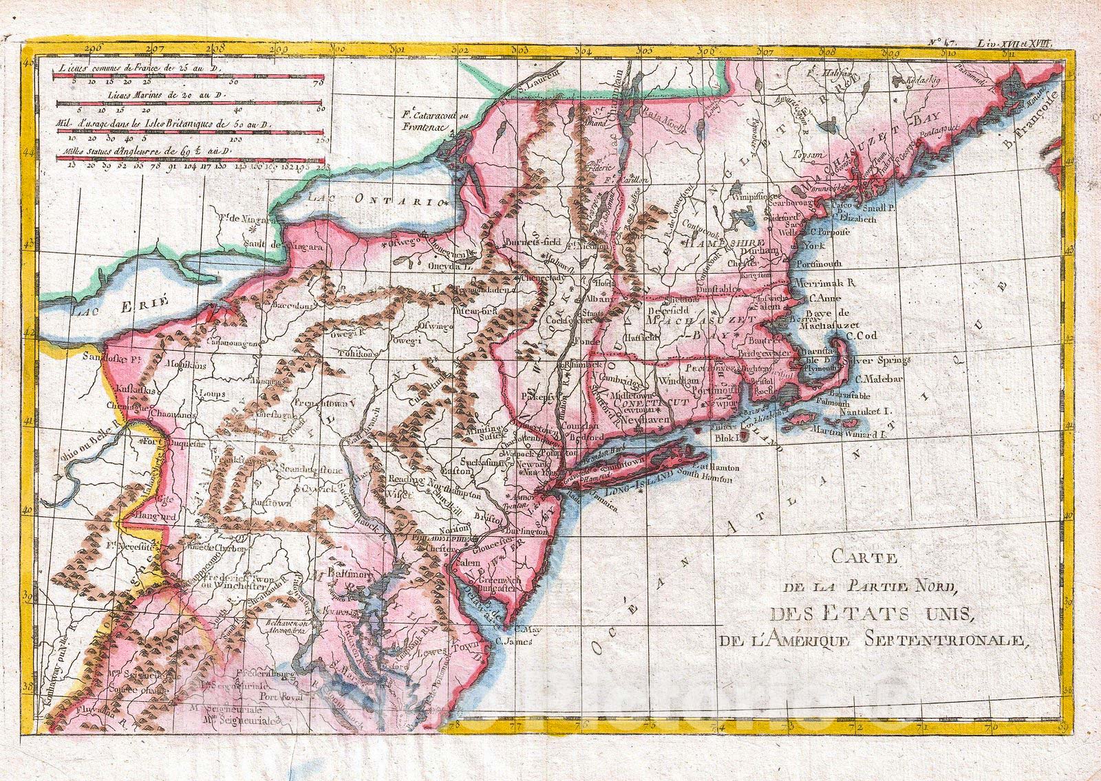 Historic Map : Raynal and Bonne Map of Northern United States, 1780, Vintage Wall Art
