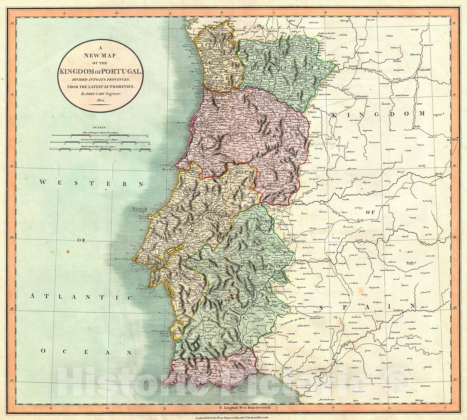 Historic Map : Cary Map of Portugal , 1801, Vintage Wall Art