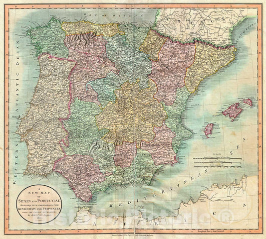 Historic Map : Cary Map of Spain and Portugal , 1801, Vintage Wall Art