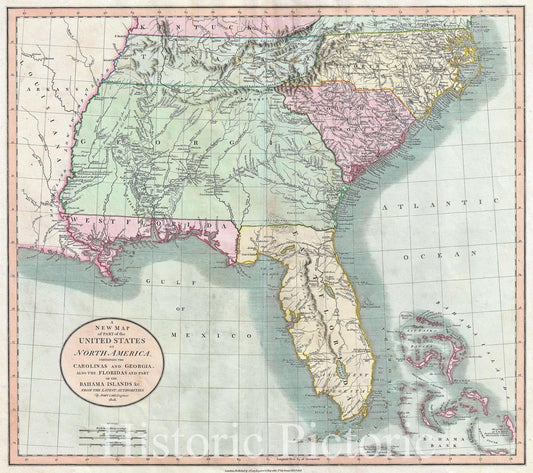 Historic Map : Cary Map of Florida, Georgia, North Carolina, South Carolina and Tennessee , 1806, Vintage Wall Art
