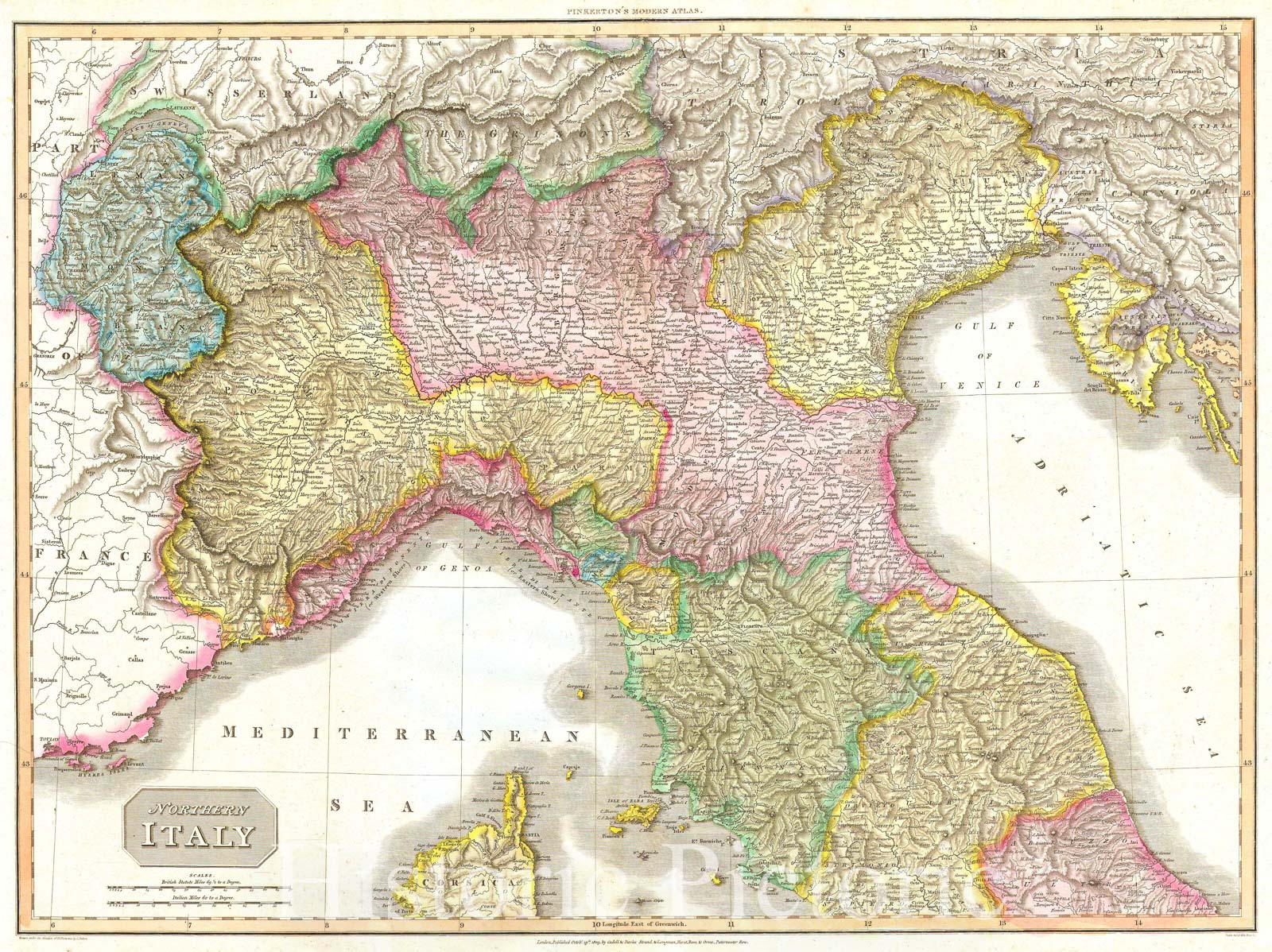 Historic Map : Pinkerton Map of Northern Italy (Tuscany, Florence, Venice, Milan), 1809, Vintage Wall Art
