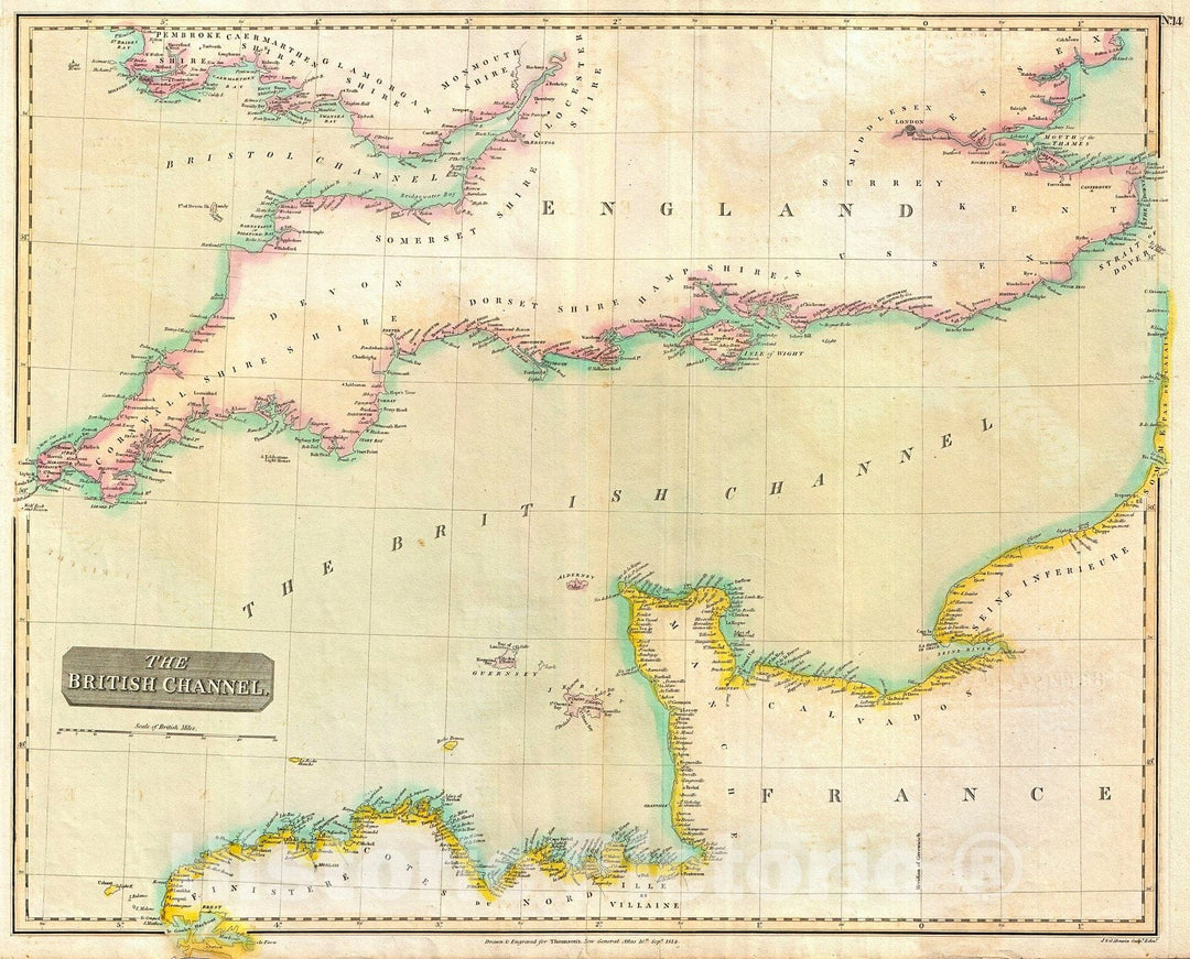 Historic Map : Thomson Map of The English Channel , 1814, Vintage Wall Art