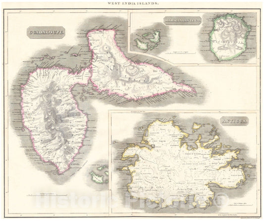 Historic Map : Thomson Map of Guadaloupe, Antigua, Marie Galante (West Indies), 1815, Vintage Wall Art