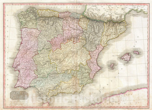 Historic Map : Pinkerton Map of Spain and Portugal, 1818, Vintage Wall Art