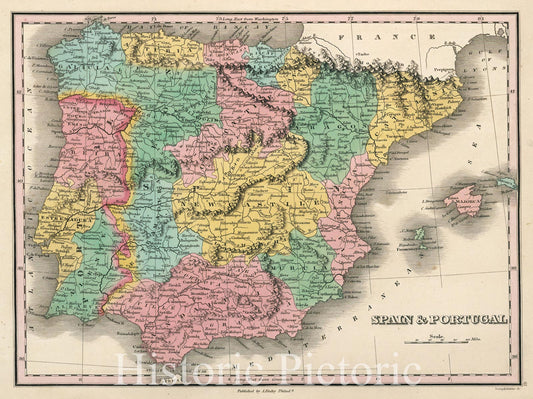 Historic Map : Finely Map of Spain and Portugal, 1827, Vintage Wall Art