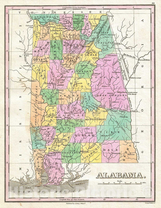 Historic Map : Finley Map of Alabama , 1827, Vintage Wall Art